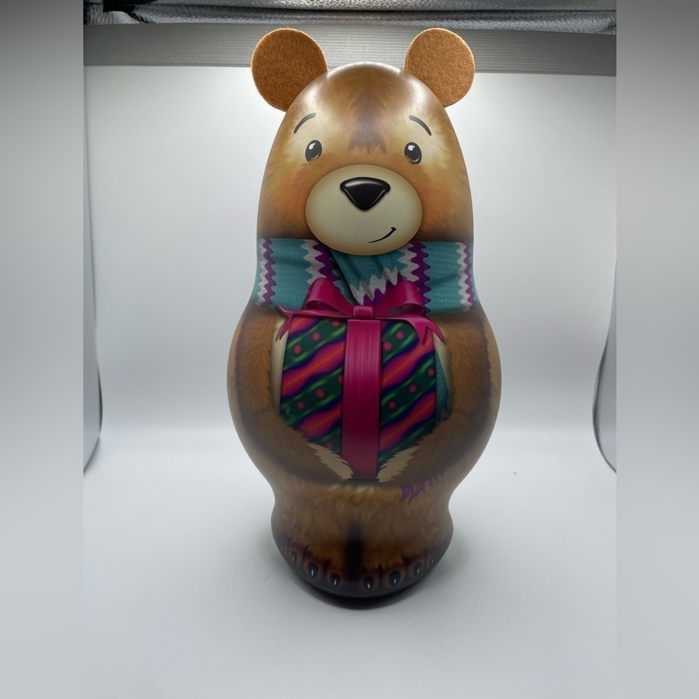 Teddy Bear Tin/Box, Holding a Present, Gold Interior, Felt Ears